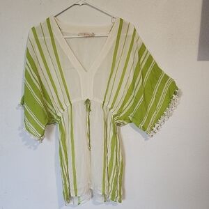 Tory Burch Green and White Striped V-Neck Tunic